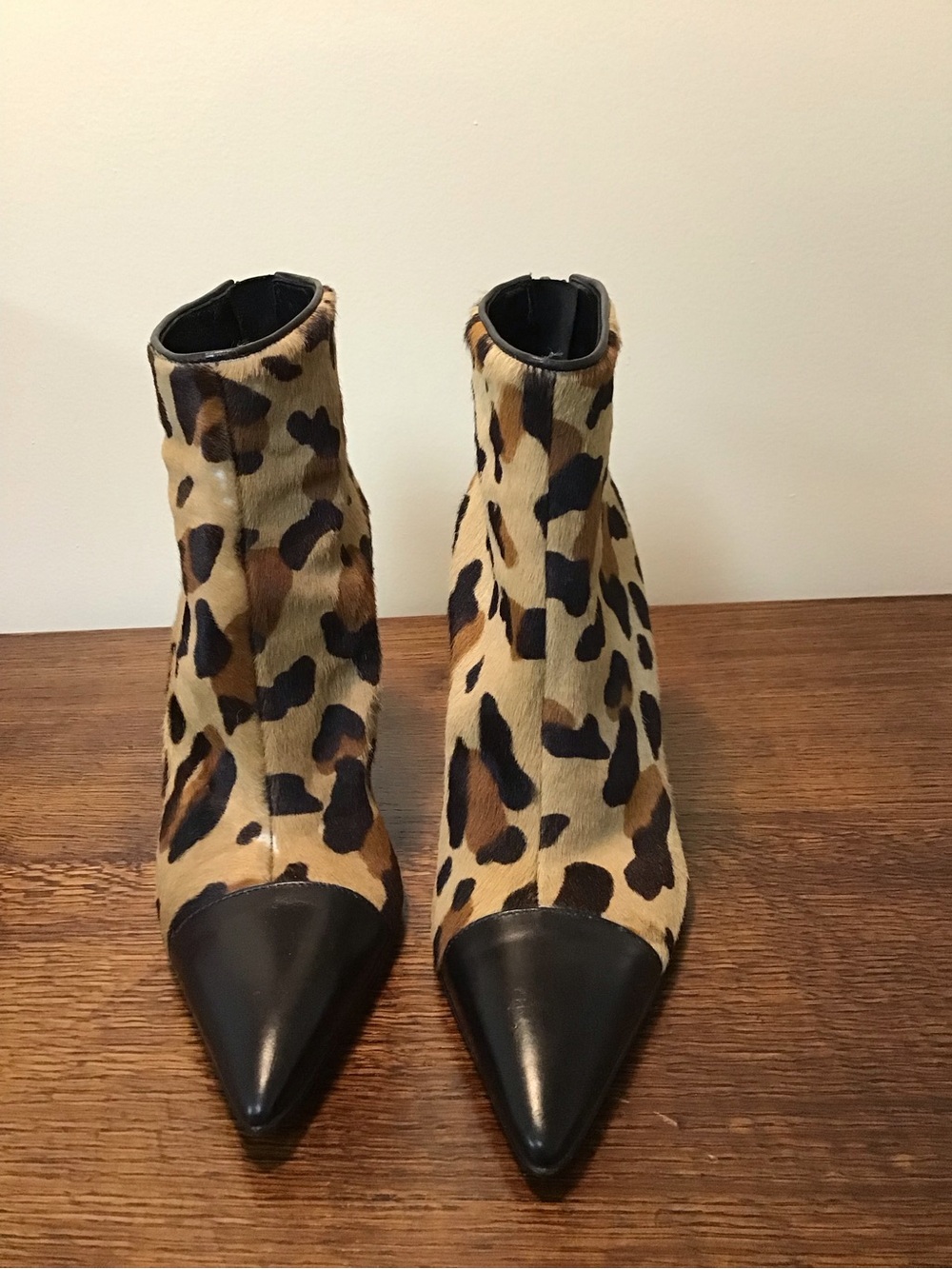 Via Spiga Leopard Print Fur Pointed Toe Ankle Booties - Made in Italy